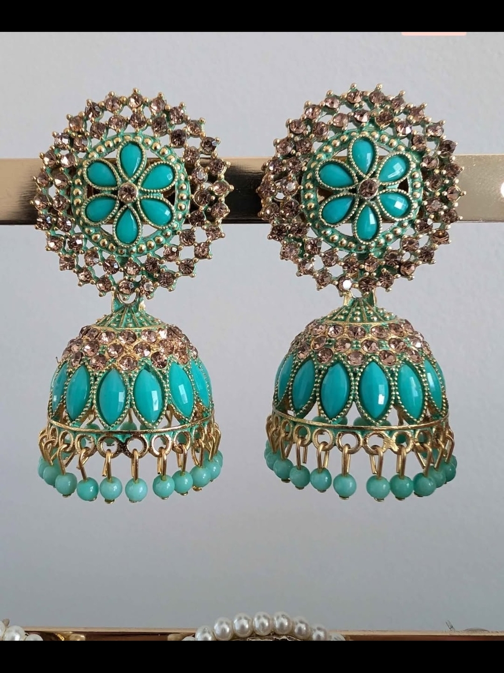 Turquoise Color Gold-Tone Jhumka Earrings - Floral Dome Drop